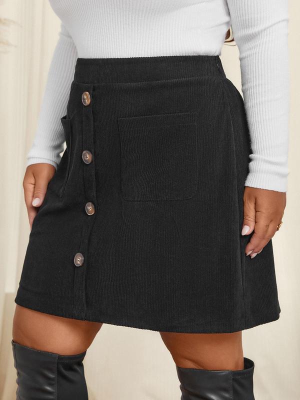 CURVZY Christmas Deals, Plus Size Solid Pocket A Line Skirt, Casual Fashion Fake Buttons Decor Short Skirt for Daily Outdoor Wear, Women Clothing for All Seasons, Christmas 2024 Trend, Fall & Winter Clothes