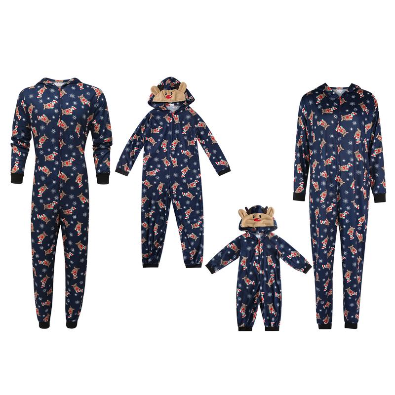 Matching Christmas Pajamas For Family, Elk Print Hooded Long Sleeve Jumpsuit with Zipper for Woman, Man, Kid, Baby