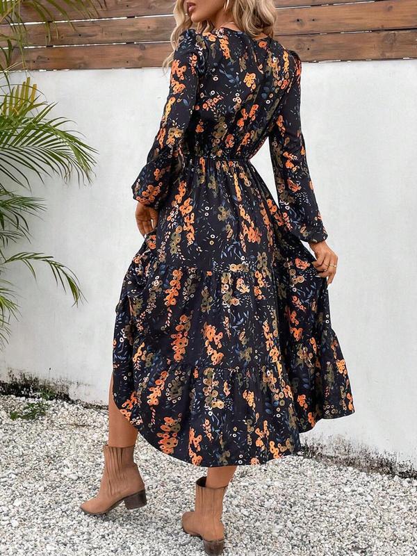 Women's Floral Print Bishop Sleeve Shirred A Line Dress, Elegant Long Sleeve Round Neck Midi Dress for Spring & Fall, Women's Clothing for Daily Wear