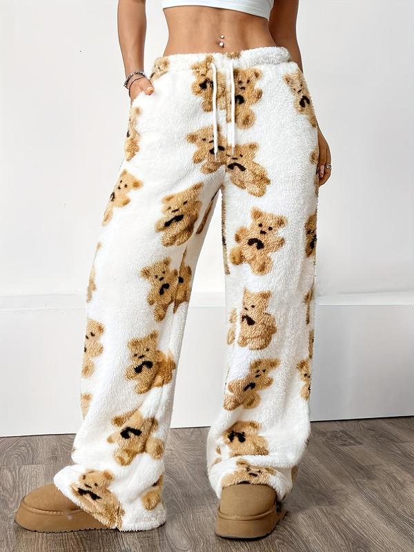 Women's Cartoon Bear Print Drawstring Waist Wide Leg Pants, Casual Comfy Pocket Fuzzy Trousers for Fall & Winter, Women's Bottoms for Daily Wear