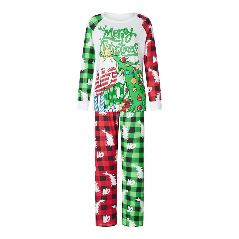 Green Matching Christmas Pajamas For Familyt, Long Sleeve Tree Letters Print T-shirt with Plaid Pants Sleepwear Loungewear