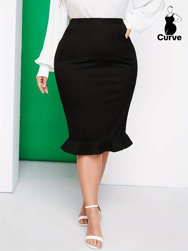 Plus Size Solid Ruffle Hem Pencil Skirt, Elegant High Waist Midi Skirt For Work Office Business, Women's Plus Size Bottoms For All Seasons