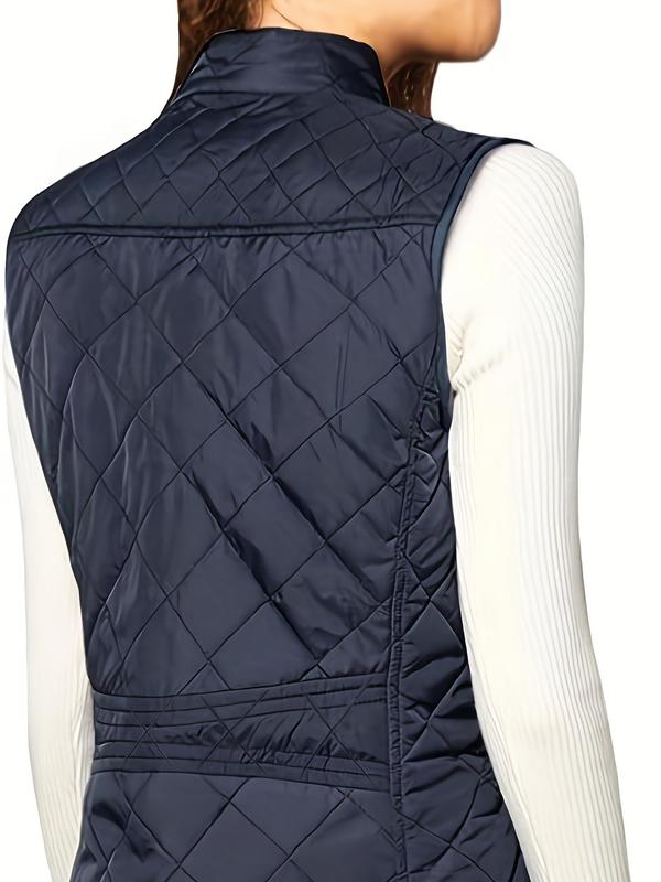 Women's Solid Zip Up Quilted Vest Coat, Casual Tops, Pocket Design Sleeveless Outerwear for Fall & Winter, Winter Clothes Women, Women's Clothing for Daily Wear