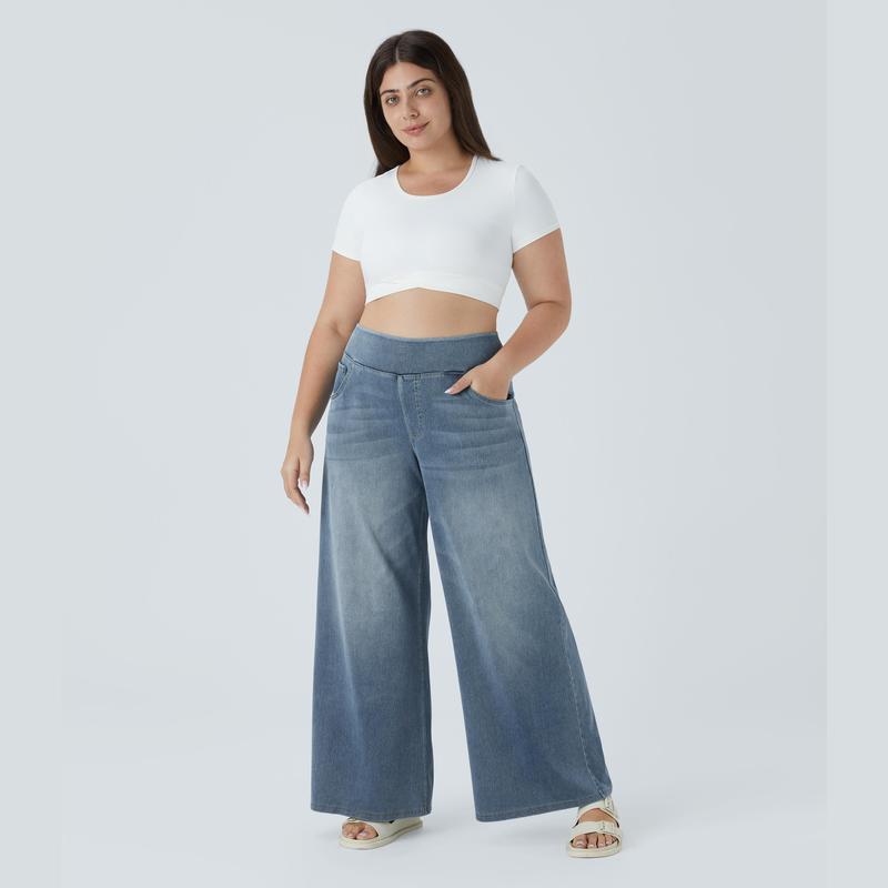 Halara Halara Flex™ High Waisted Multiple Pockets Wide Leg Washed Stretchy Knit Casual Plus Size Jeans