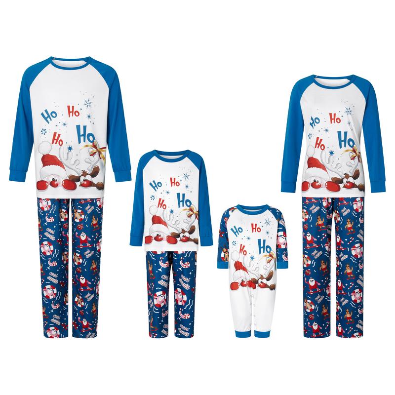 Christmas Family Pajamas Matching Set, Santa Claus Deer Print Long Sleeve T-shirt with Pants Sleepwear Loungewear Crewneck Womenswear