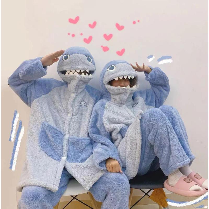 Shark Coral Fleece Couple Pajamas Women's New Outerwear Homewear Men's Thickened Set