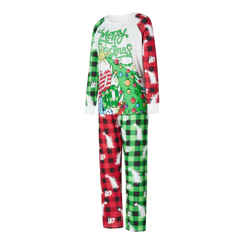 Green Matching Christmas Pajamas For Familyt, Long Sleeve Tree Letters Print T-shirt with Plaid Pants Sleepwear Loungewear