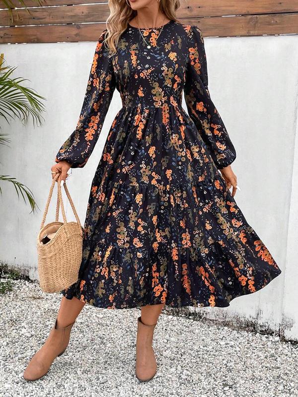 Women's Floral Print Bishop Sleeve Shirred A Line Dress, Elegant Long Sleeve Round Neck Midi Dress for Spring & Fall, Women's Clothing for Daily Wear