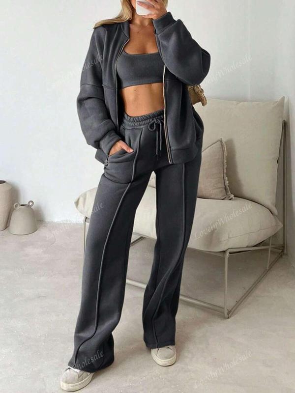 Two-piece Set Women's Solid Color Zip Up Mock Neck Bomber Jacket & Drawstring Waist Sweatpants, Casual Fashion Cozy Breathable Two Piece Outfits for Daily Outdoor Wear, Women Clothes for Fall & Winter