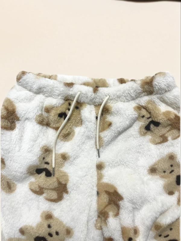 Women's Cartoon Bear Print Drawstring Waist Wide Leg Pants, Casual Comfy Pocket Fuzzy Trousers for Fall & Winter, Women's Bottoms for Daily Wear