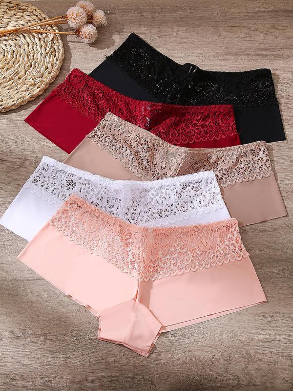 Women's 5pcs Plain Contrast Lace Boxer Brief, Solid Color Breathable Ice Silk Knickers, Female Seamless Underwear for All Seasons