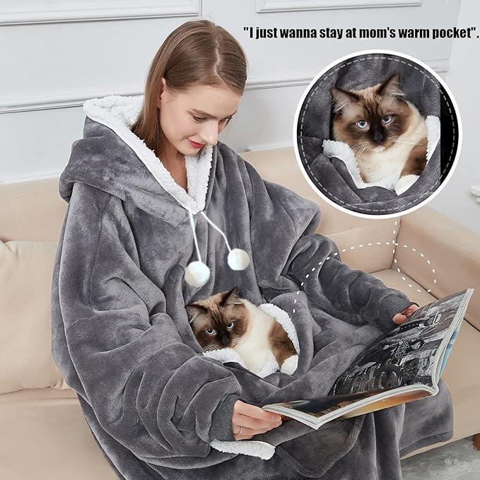 Larleaf Kangaroo Wearable Blanket Hoodie with Giant Pocket, One Size Pet Clothes Extra Soft Sherpa Fleece Thick Warm ＆ Cozy Oversized Sweatshirt Blanket Jacket with Sleeves Gifts For Dogs And Cats, Cozy Sherpa Hooded Cat Clothes Comfort Womenswear