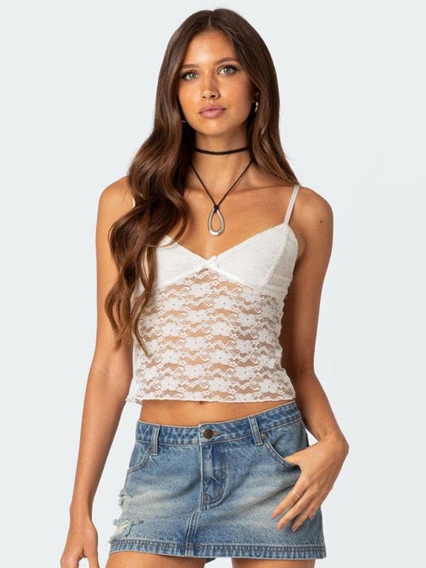 Women's Plain Sheer Backless Lace Crop Cami Top, Chic Sexy Spaghetti Strap Top for Daily Wear, Ladies Clothes for All Seasons