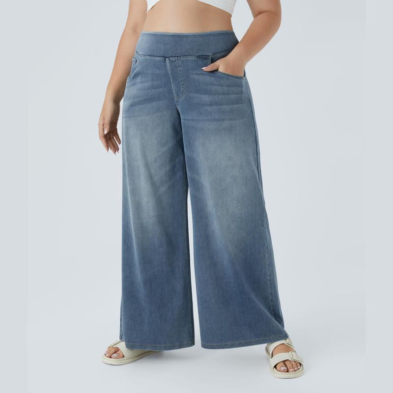 Halara Halara Flex™ High Waisted Multiple Pockets Wide Leg Washed Stretchy Knit Casual Plus Size Jeans