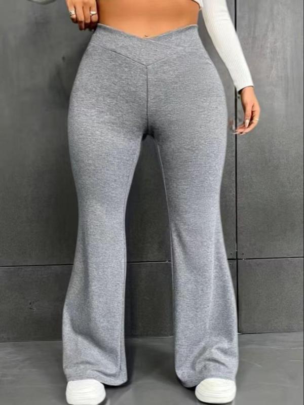  Solid Wrap High Waist Flare Leg Pants, Casual Comfy Bell Bottom Trousers for Daily Wear, Women's Bottoms for All Seasons