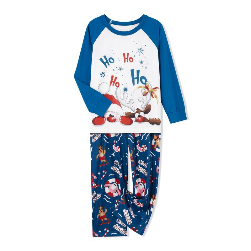 Christmas Family Pajamas Matching Set, Santa Claus Deer Print Long Sleeve T-shirt with Pants Sleepwear Loungewear Crewneck Womenswear