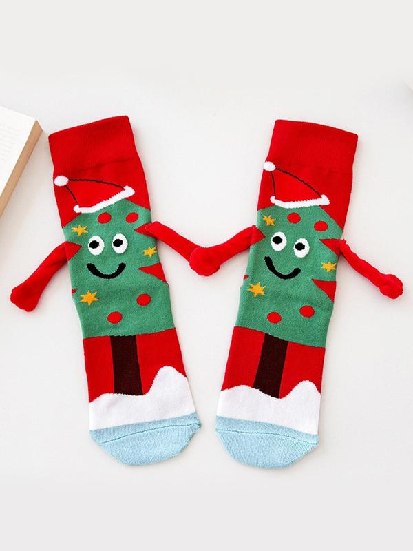 Women's Christmas Themed Cartoon Santa Claus Print Crew Socks, Cute Magnetic Holding Hand Design Mid-calf Socks for Fall & Winter, Women's Socks for Daily Wear