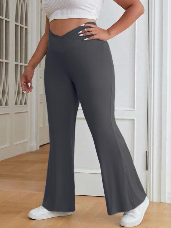  Solid Wrap High Waist Flare Leg Pants, Casual Comfy Bell Bottom Trousers for Daily Wear, Women's Bottoms for All Seasons