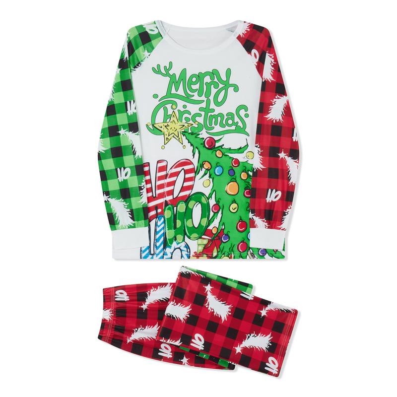 Green Matching Christmas Pajamas For Familyt, Long Sleeve Tree Letters Print T-shirt with Plaid Pants Sleepwear Loungewear