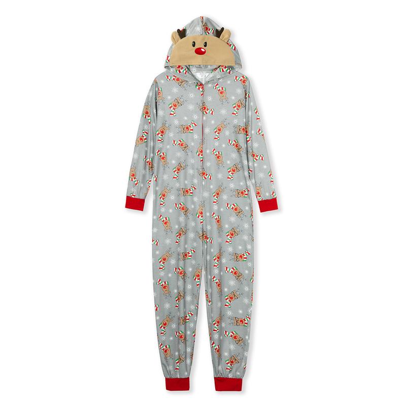 Matching Christmas Pajamas For Family, Elk Print Hooded Long Sleeve Jumpsuit with Zipper for Woman, Man, Kid, Baby