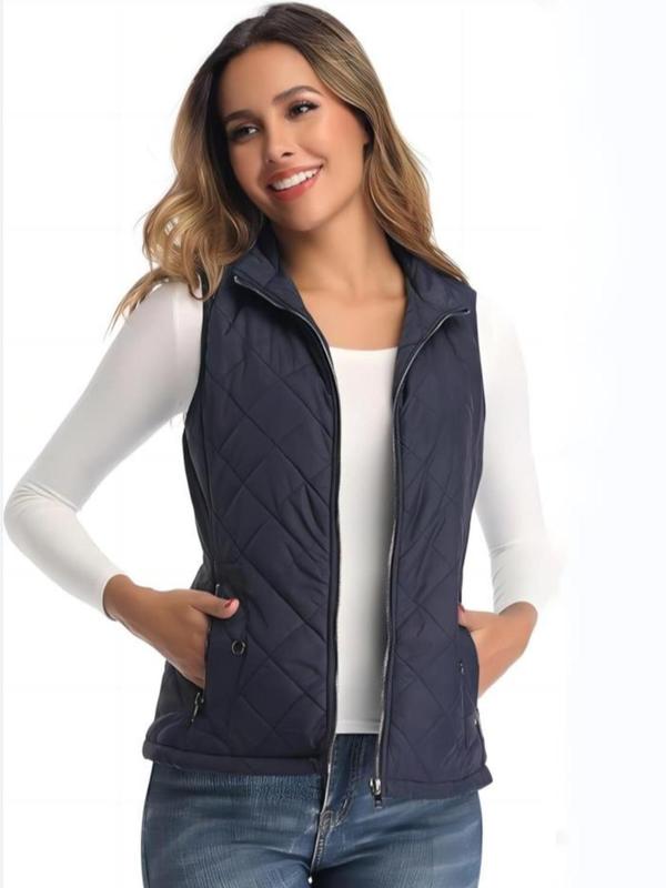 Women's Solid Zip Up Quilted Vest Coat, Casual Tops, Pocket Design Sleeveless Outerwear for Fall & Winter, Winter Clothes Women, Women's Clothing for Daily Wear