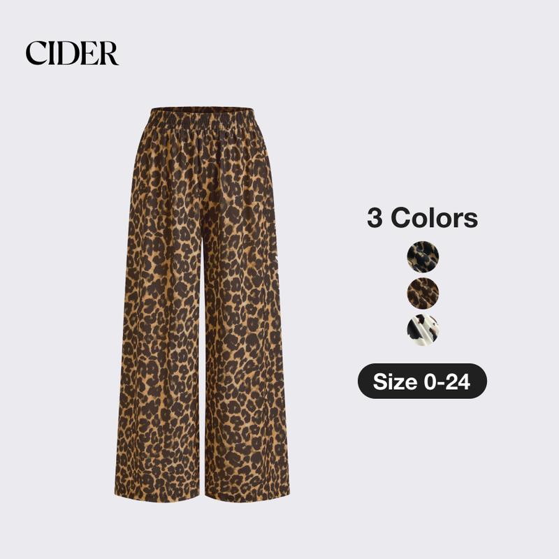 Cider [3 colors, size 0-24] Mid Rise Elastic Waist Leopard Wide Leg Trousers