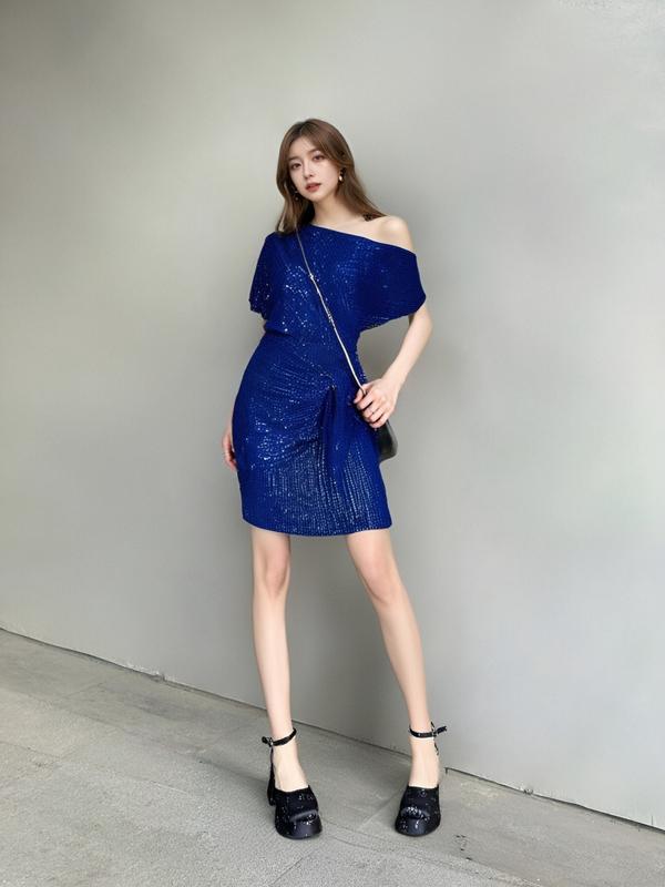 Women Sequined Party Dress Short Sleeve Asymmetric Off Shoulder Bodycon Dress denim tears  dress flounce dress  swing mini dress