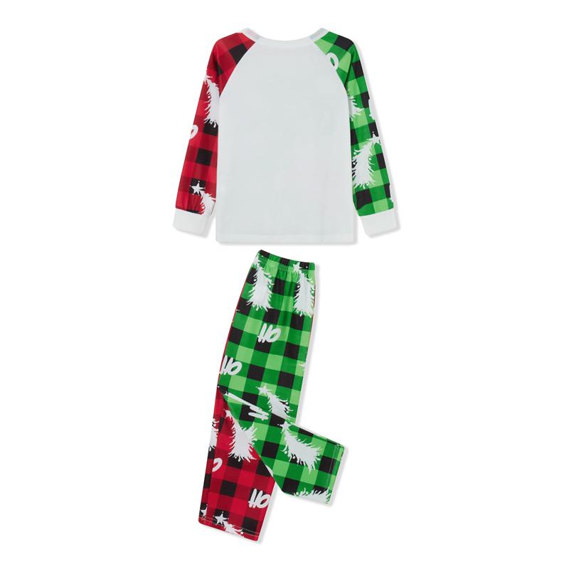 Green Matching Christmas Pajamas For Familyt, Long Sleeve Tree Letters Print T-shirt with Plaid Pants Sleepwear Loungewear