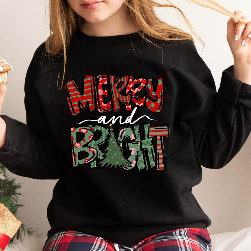 Merry and Bright Sweatshirt Full Color, Christmas Tree Sweater, Merry Christmas Hoodie, Family Christmas Crewneck Tee, Xmas Shirt Gift, Happy Holiday