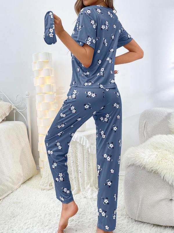 2 Piece Set Women's Floral Print Top & Elastic Waist Pants & Eye Cover Pyjama Set, Soft Comfy Lounge Set, Summer Wear 2024, Women's Sleepwear Lounge Co-ord Set