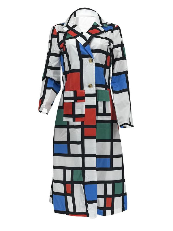 Women's Colorblock Geometric Print Double Button Lapel Coat, Casual Long Sleeve Pocket Outerwear for Daily Wear, Ladies Clothes for All Seasons