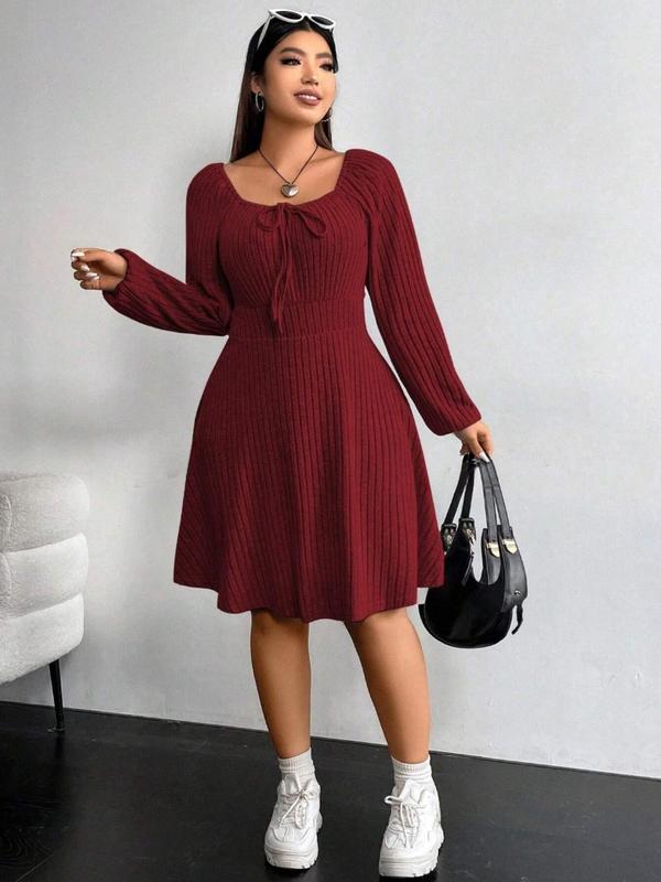  Solid Bishop Sleeve Tie Front Ribbed Dress, Casual Long Sleeve Square Neck A Line Dress for Spring & Fall, Women's Clothes for Daily Wear