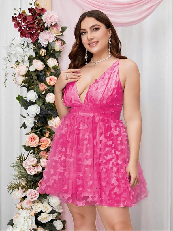 Plus Size Butterfly Backless Criss Cross Tulle Dress, Summer Deep V Neck A Line Dress for Vacation Holiday Wedding Guest, Mean Girls Party Womenswear