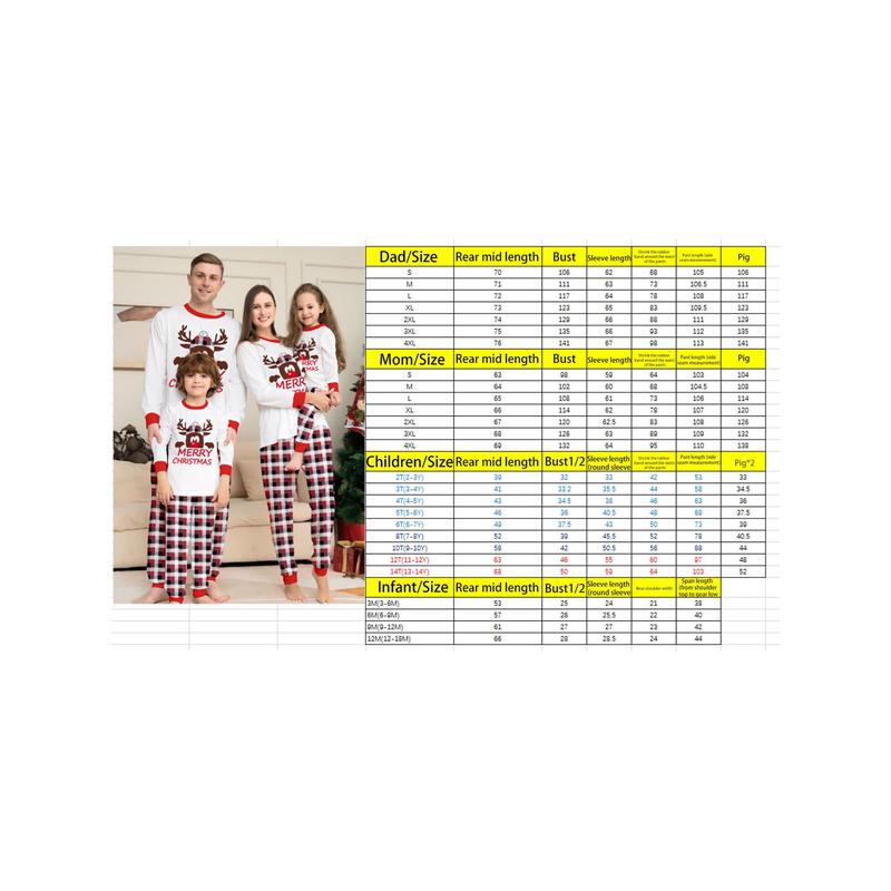 Christmas Family Pajamas Matching Set, Long Sleeve Cartoon Elk T-shirt with Plaid Pants Sleepwear Loungewear