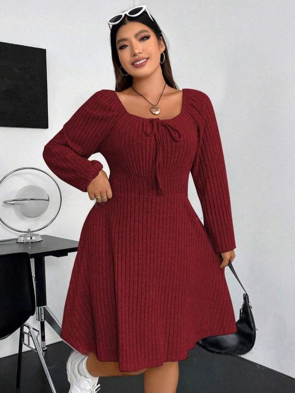  Solid Bishop Sleeve Tie Front Ribbed Dress, Casual Long Sleeve Square Neck A Line Dress for Spring & Fall, Women's Clothes for Daily Wear