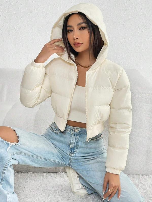 Women's Solid Zip Up Crop Winter Hooded Coat, Casual Jackets, Fashionable Long Sleeve Outerwear for Daily Outdoor Wear, Coats for Winter Women 2024, Women Clothing for Fall & Winter