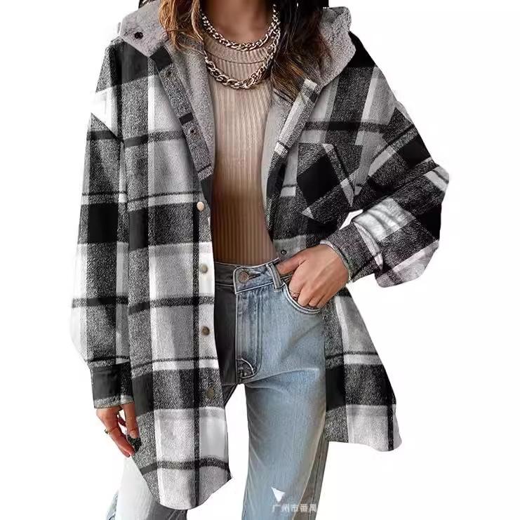 2024 new arrival hot sale WOMEN'S flannel stripes jacket long sleeve autumn button hooded jacket