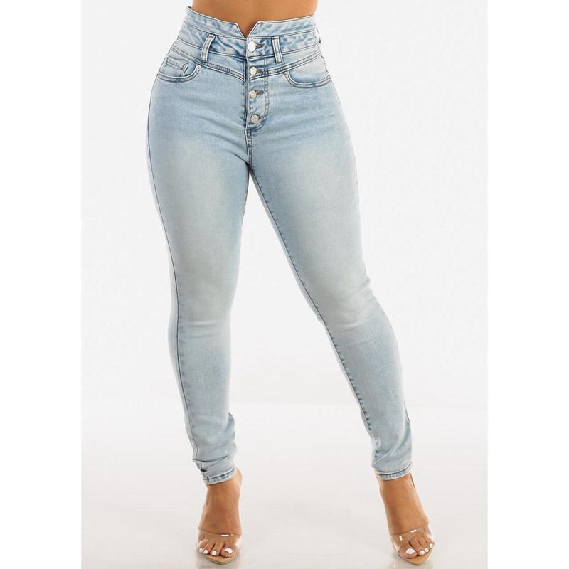 Butt Lifting Button Up Skinny Jeans Acid Wash