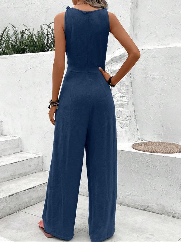 Women's Plain Knot Front Tank Jumpsuit, Casual Sleeveless V Neck Wide Leg Jumpsuit for Spring & Fall, Women's Clothing for Daily Wear