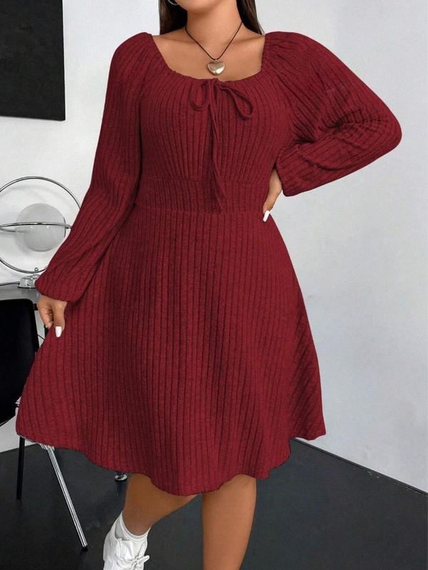  Solid Bishop Sleeve Tie Front Ribbed Dress, Casual Long Sleeve Square Neck A Line Dress for Spring & Fall, Women's Clothes for Daily Wear