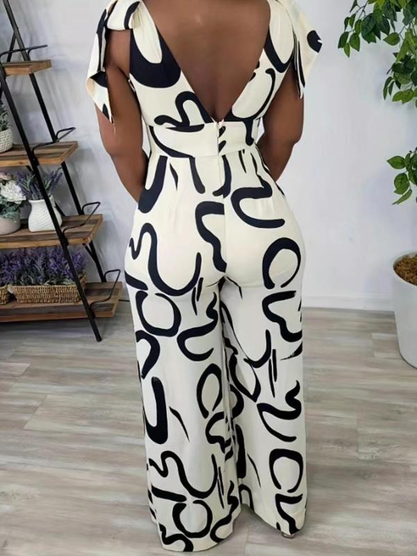 Women's All Over Print Knot Shoulder Backless Jumpsuit, Elegant Fashion Casual Deep V Neck Wide Leg Jumpsuit for Daily Outdoor Wear, Ladies Clothes for Summer