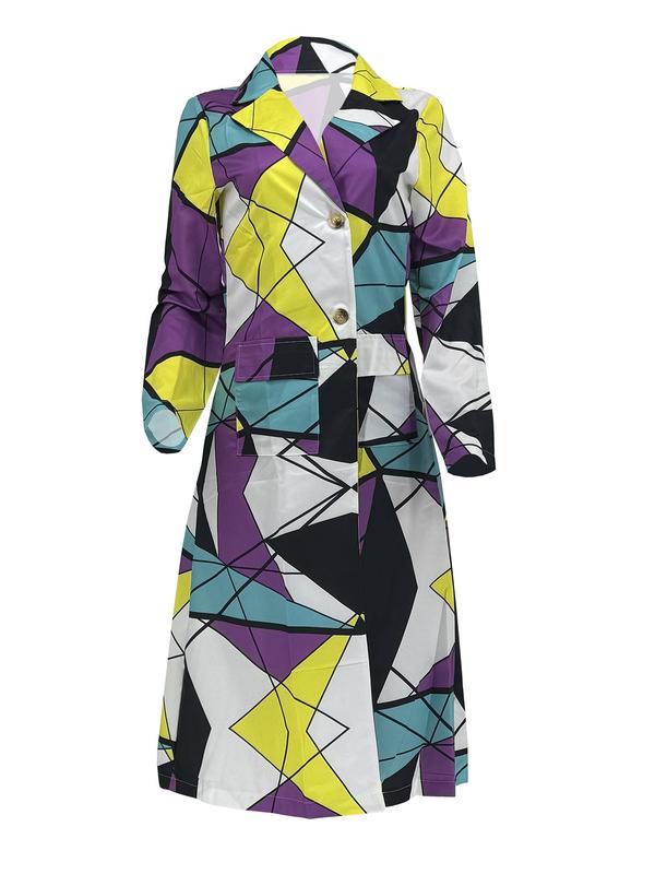 Women's Colorblock Geometric Print Double Button Lapel Coat, Casual Long Sleeve Pocket Outerwear for Daily Wear, Ladies Clothes for All Seasons