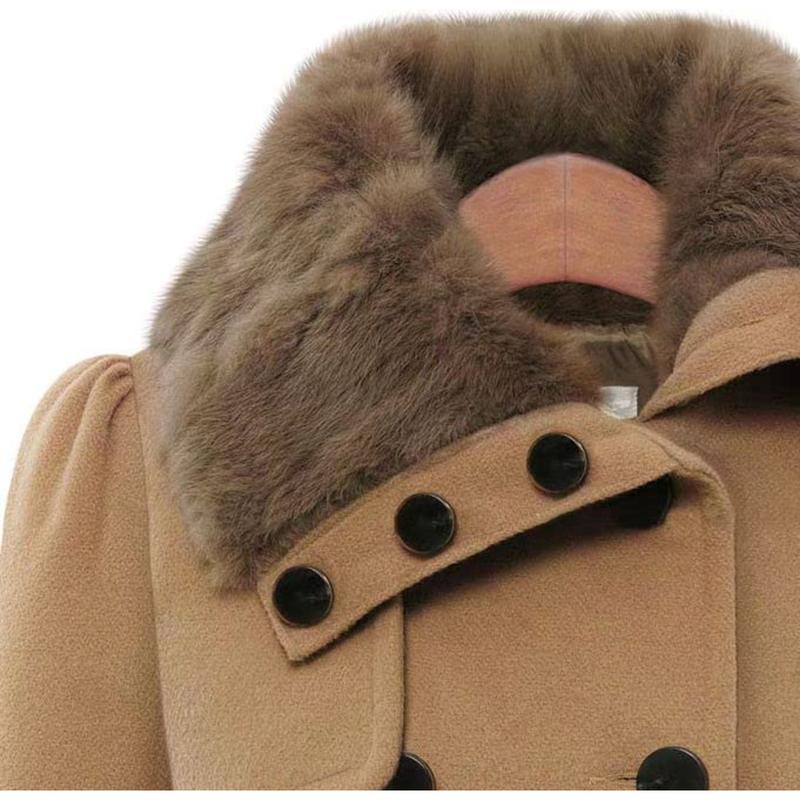 Women's Faux Fur Jacket Double Breasted Faux Fur Collar Jacket Lapel Pea Women's Winter Long Trench Coat with Belt Elegant Swing Coat trendy woman casual long