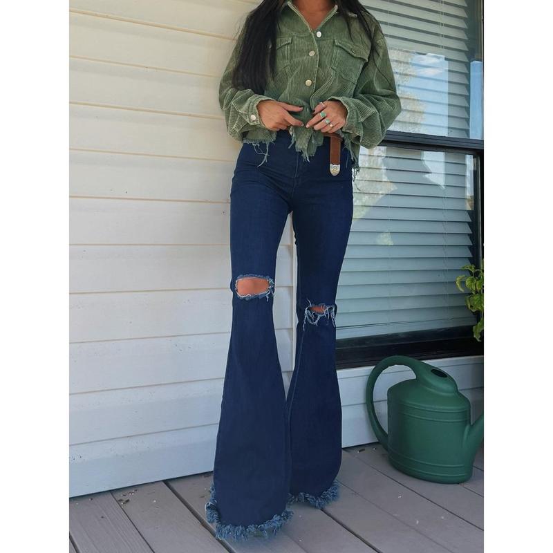 Farrah Denim Distressed High Waisted Flares - Dark Wash