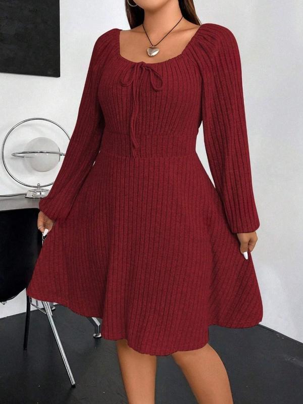  Solid Bishop Sleeve Tie Front Ribbed Dress, Casual Long Sleeve Square Neck A Line Dress for Spring & Fall, Women's Clothes for Daily Wear