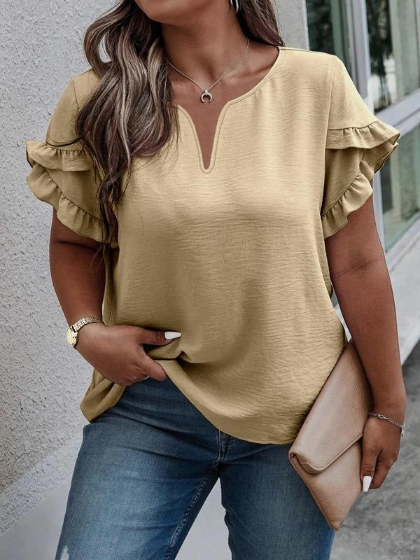  Plain Frill Trim Petal Sleeve Notched Neck Tee, Casual Short Sleeve T-shirt for Daily Wear, Women Plus Clothing for All Seasons