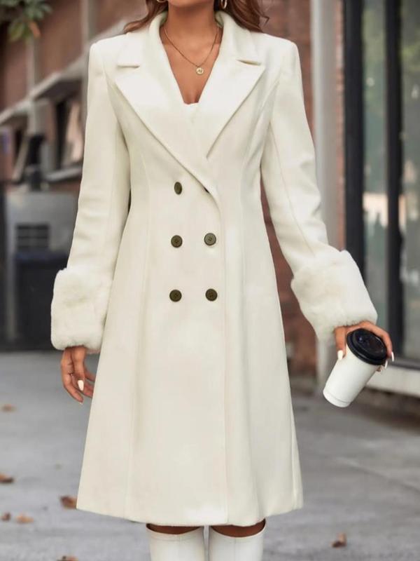 Women's Solid Contrast Faux Fur Long Sleeve Double Breasted Overcoat, Coats for School, Elegant Button Front Long Outerwear for Fall & Winter, Women's Clothing for Daily Wear