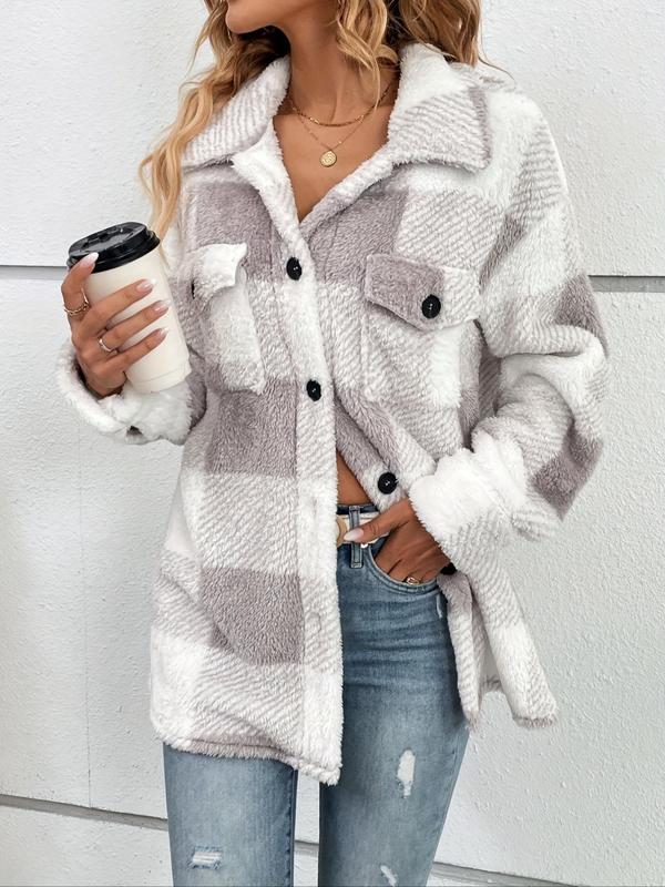 Women's Plaid Print Fuzzy  Jacket, Casual Long Sleeve Open Front Outerwear for Fall & Winter, Women's Clothes for Daily Wear