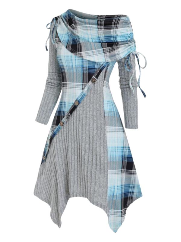 Women's Patchwork Plaid Print Drawstring Asymmetrical Dress, Casual Long Sleeve Button Decor A Line Dress for Spring & Fall, Fashion Women's Dresses for Daily Wear