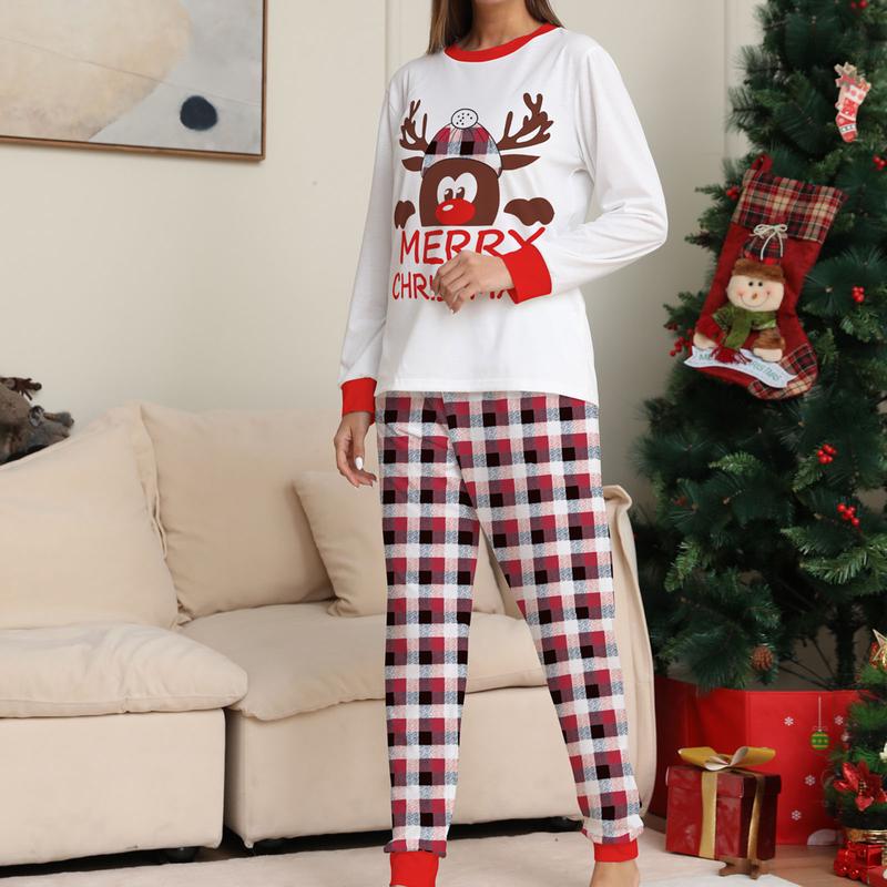 Christmas Family Pajamas Matching Set, Long Sleeve Cartoon Elk T-shirt with Plaid Pants Sleepwear Loungewear